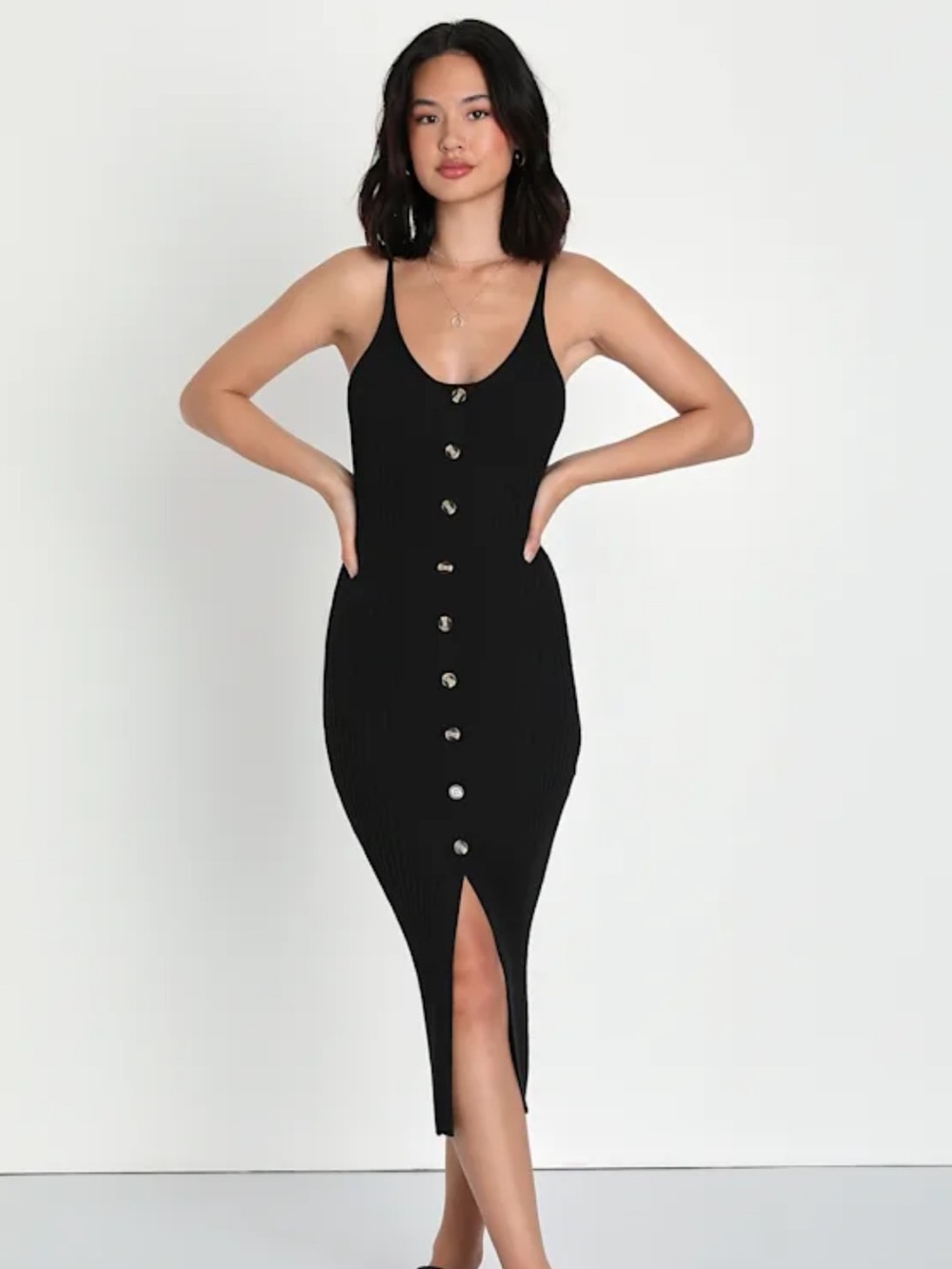 Lulus Black Ribbed Button Front Midi Dress - Size Small